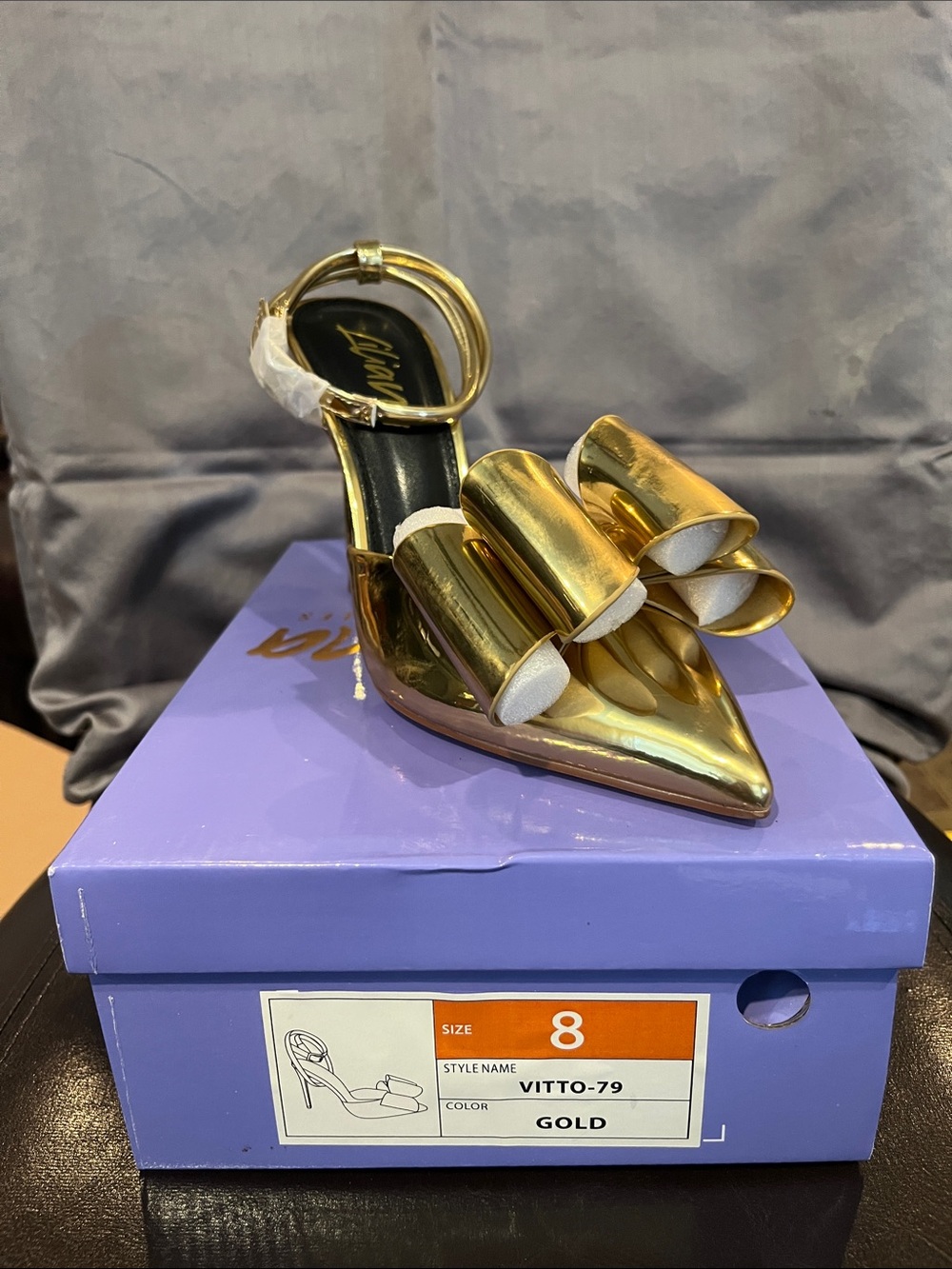Angels Gold Pointed Toe Bow Heel Mule